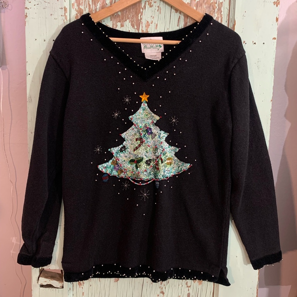 Women’s The Quacker Factory black Christmas tree sweater with rhinestone details